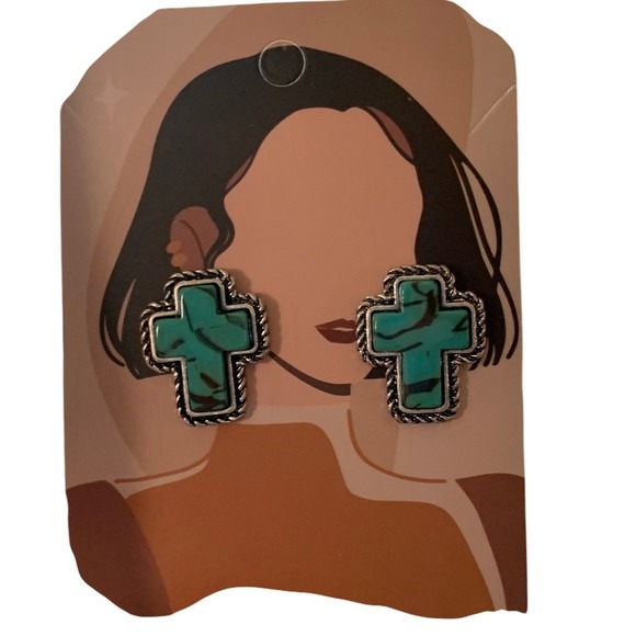 Cross Earrings Turquoise Silver Tone Western Style Stud‎ Earrings Women - Picture 1 of 1